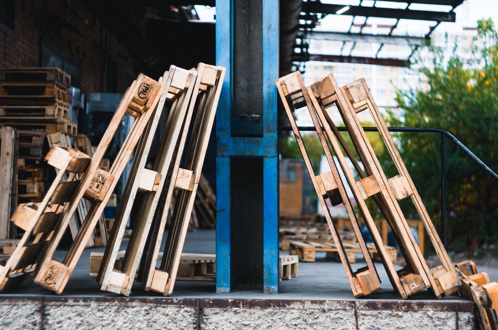 Stacked wooden pallets at the R M Packaging & Logistics yard